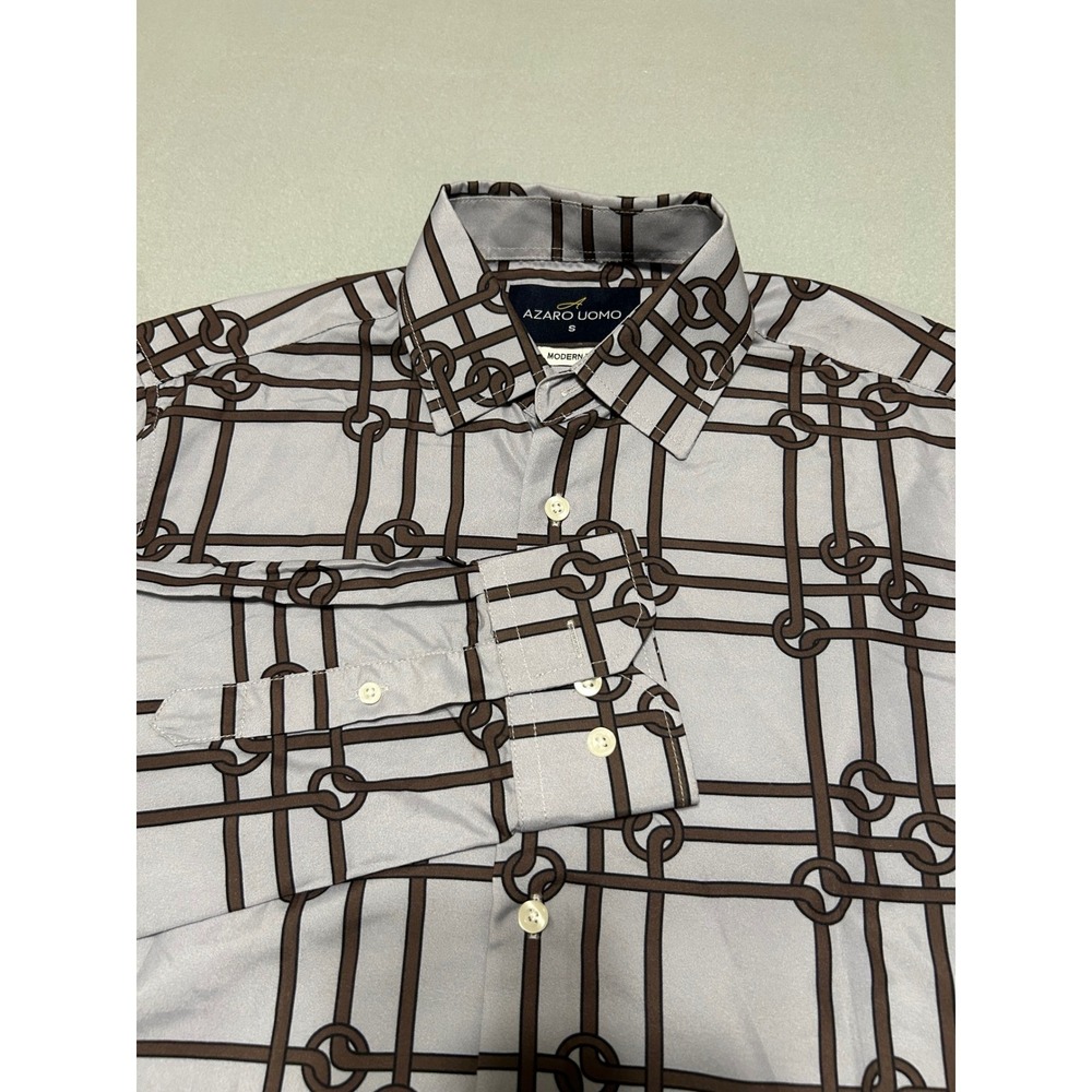 Azaro Uomo Mens Modern Fit Geometric Chain‎ Link Button Down Shirt Small Gray